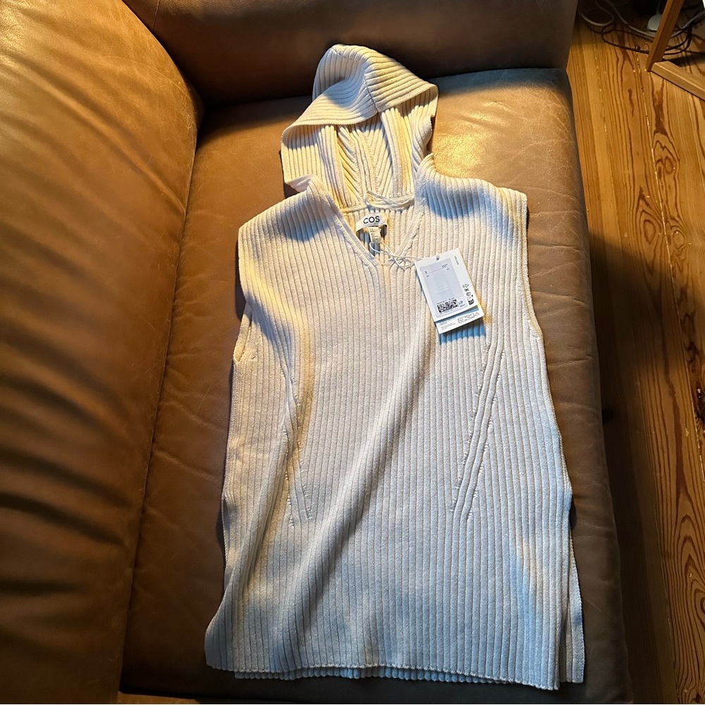 NWT COS Cotton Wool ribbed knit hooded tank top hoodie beige off white ecru
